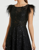 Black Embellished Boat Neck A-Line Gown with Feather Sleeves